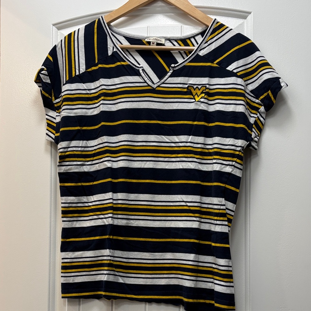 WVU Striped V-Neck Women's Tee with Yellow Accent